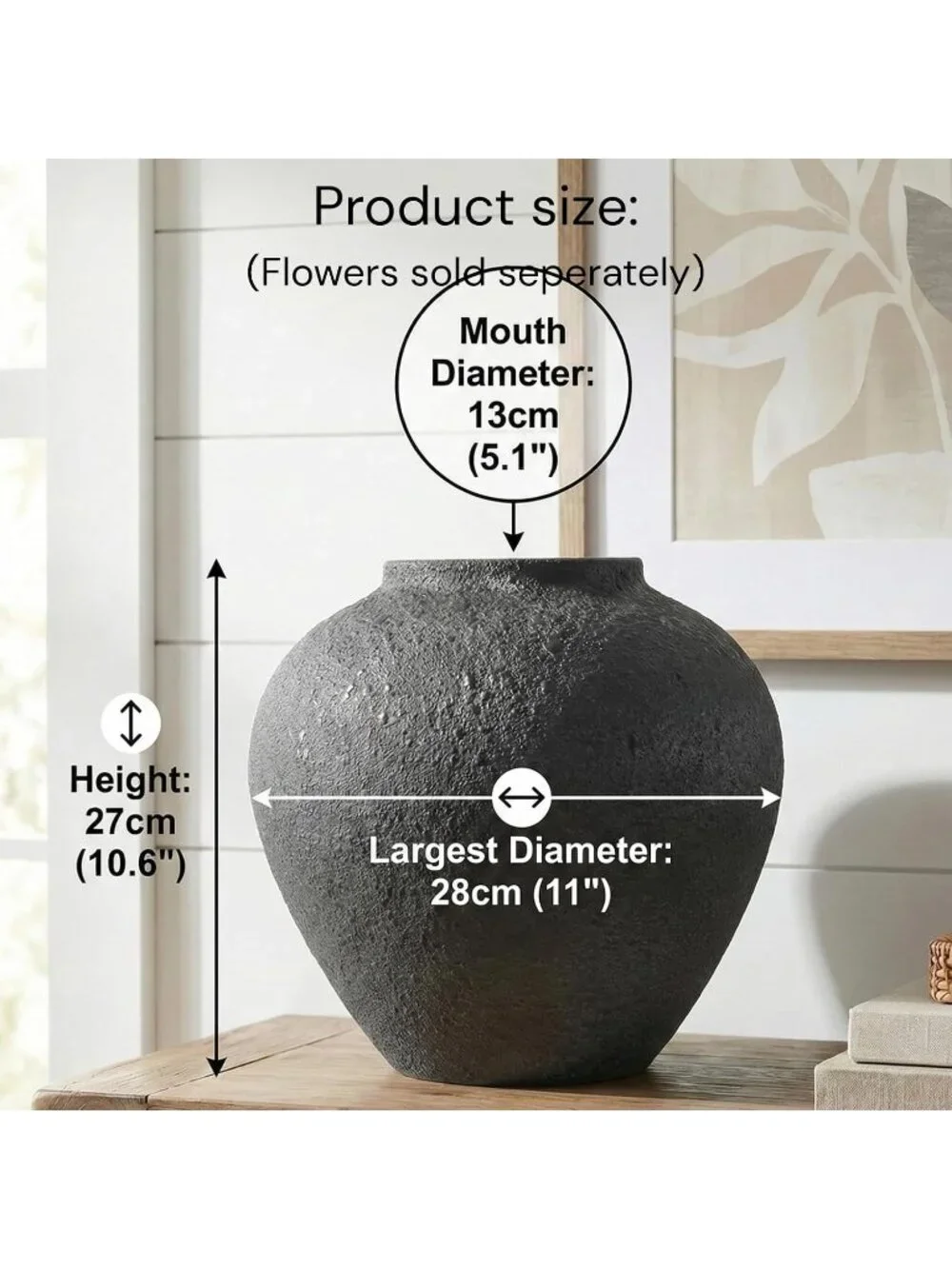 Large Black Round Big Vase Pottery Rustic Look Console Table Home Decoration